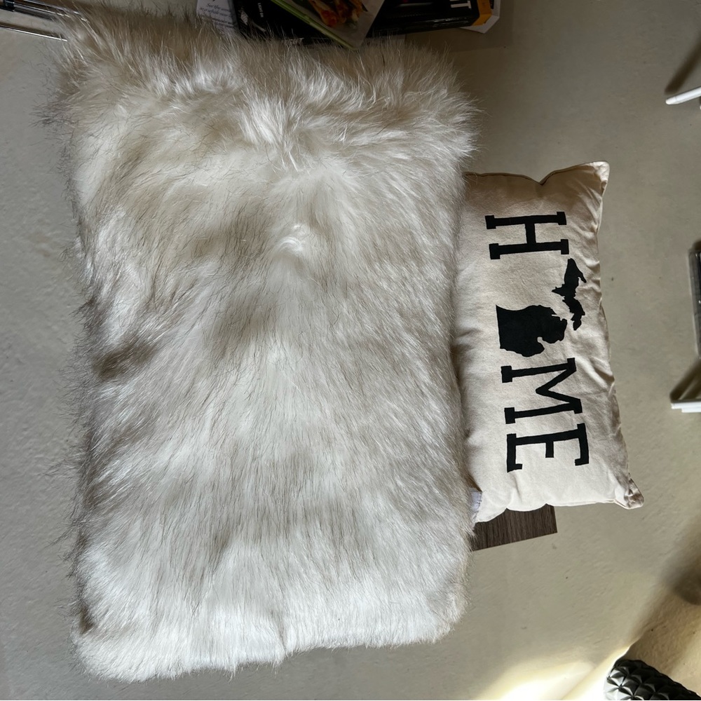 Two decorative pillows and blanket